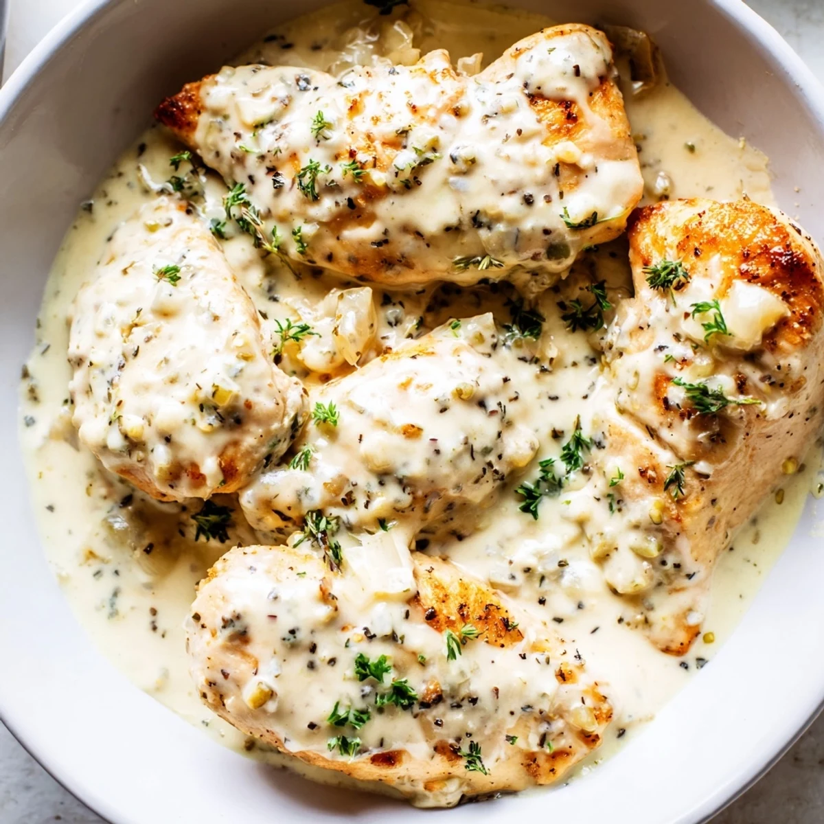 Cream cheese chicken with golden seared breasts smothered in rich Parmesan sauce