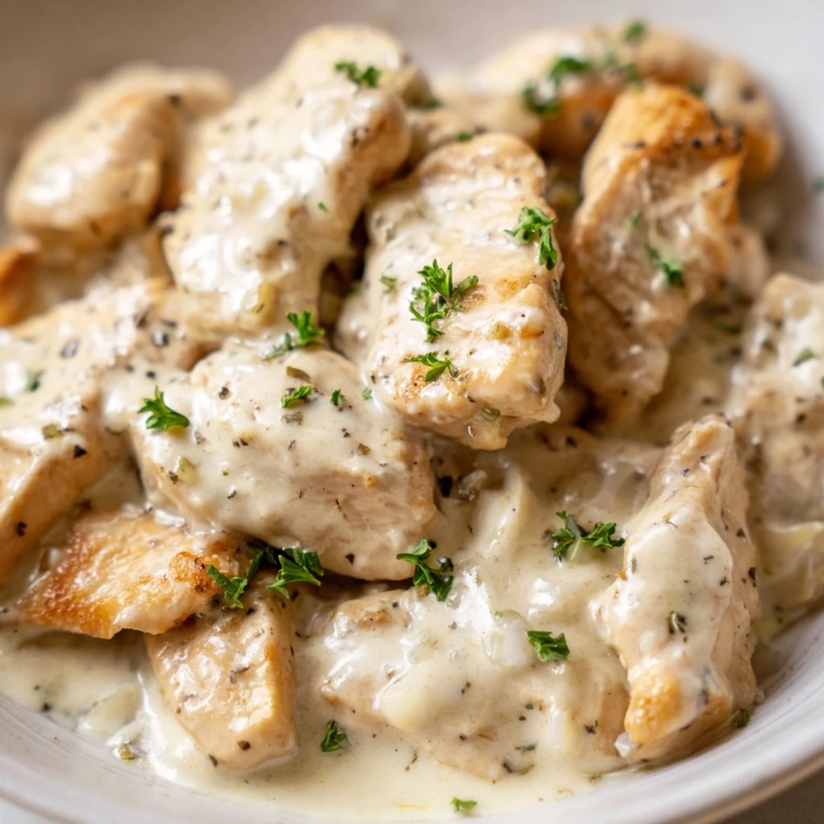 Tender cream cheese chicken baked in a velvety herb flecked cream sauce