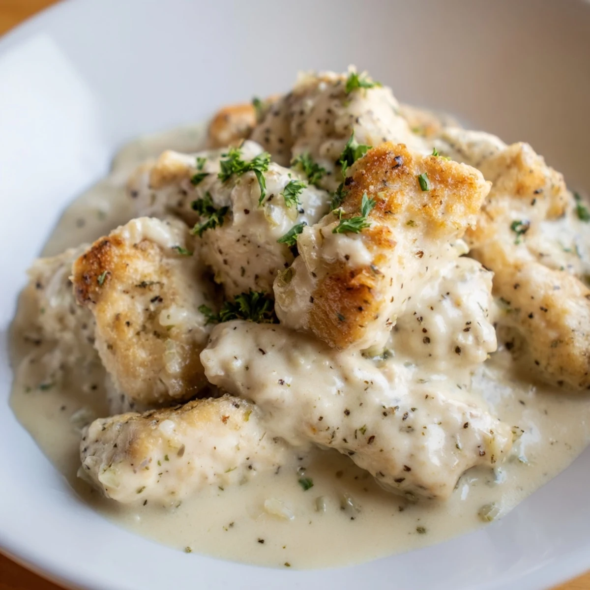 Cream cheese chicken garnished with fresh parsley in a bubbling skillet dinner