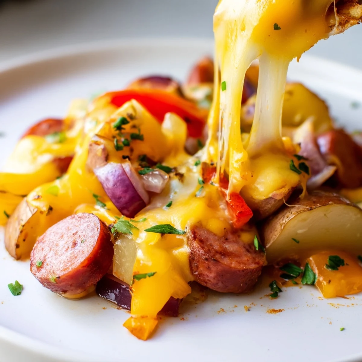A cheesy kielbasa skillet with golden potatoes and melted cheddar in a cast iron pan