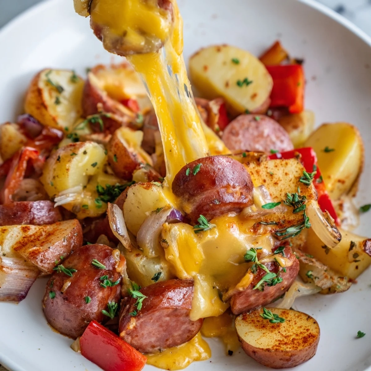 Smoky sliced kielbasa and tender baby potatoes blanketed in bubbling melted cheddar cheese
