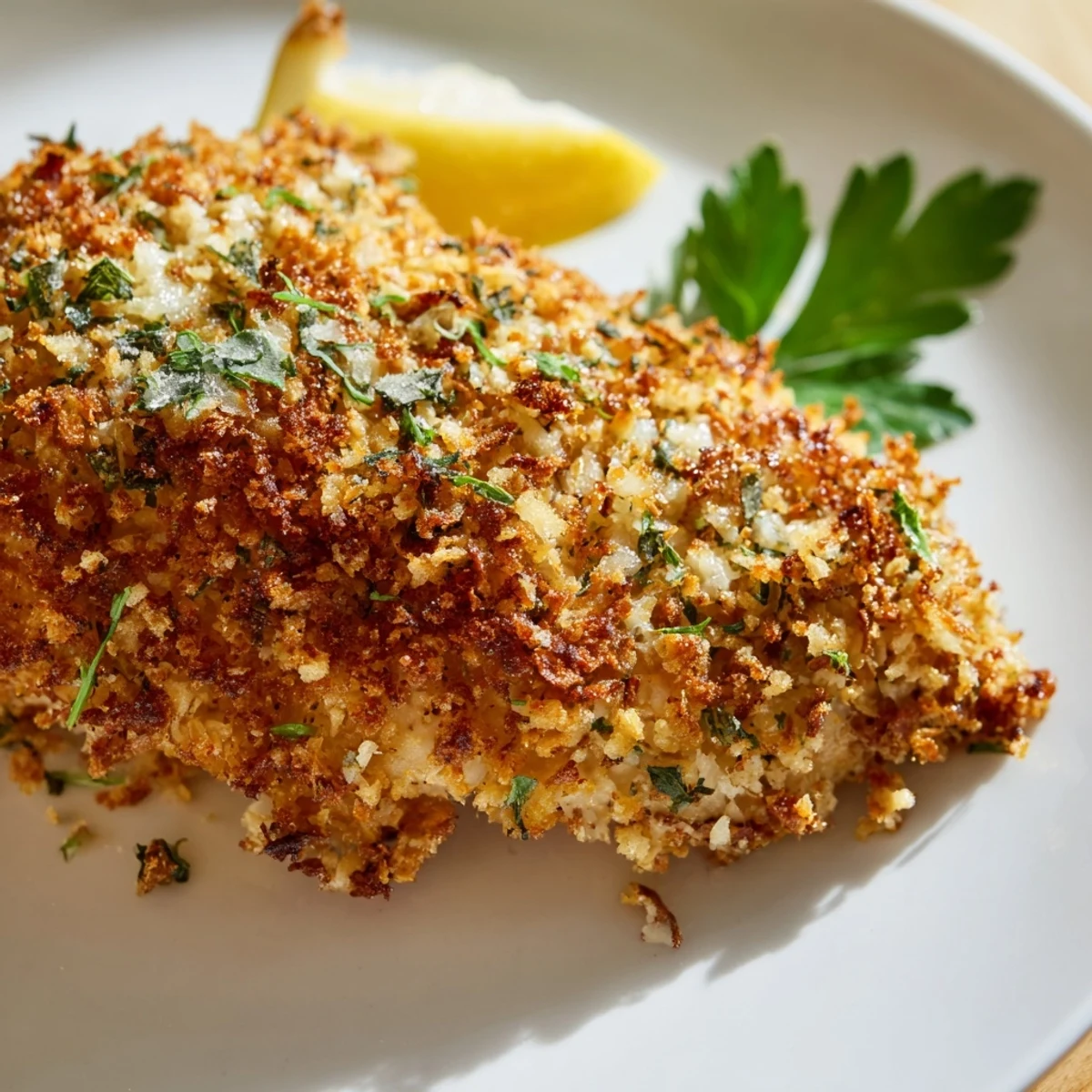Golden crispy Savory Herbed Parmesan Chicken served fresh from the oven on a rustic plate.