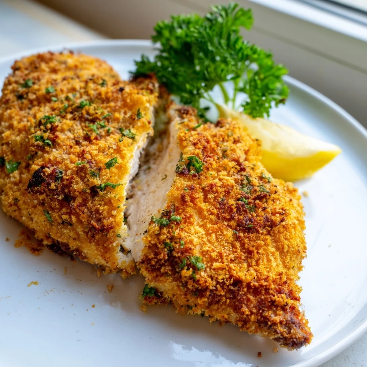 Juicy Savory Herbed Parmesan Chicken sliced open revealing tender meat with a fragrant herb crust.