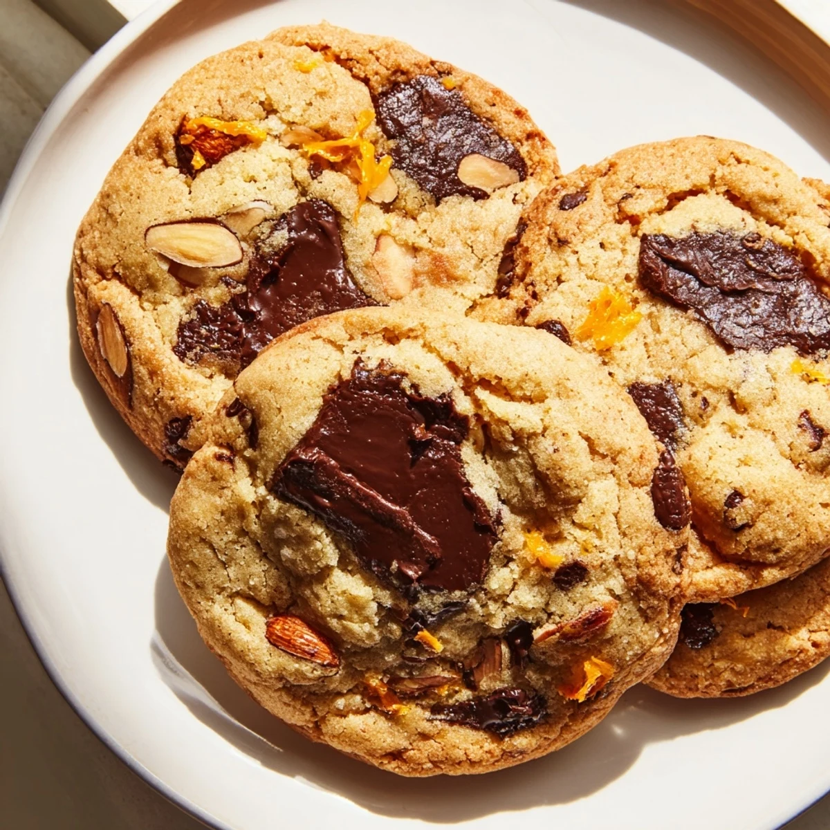 Warm orange almond chocolate chunk cookies fresh from the oven with golden edges