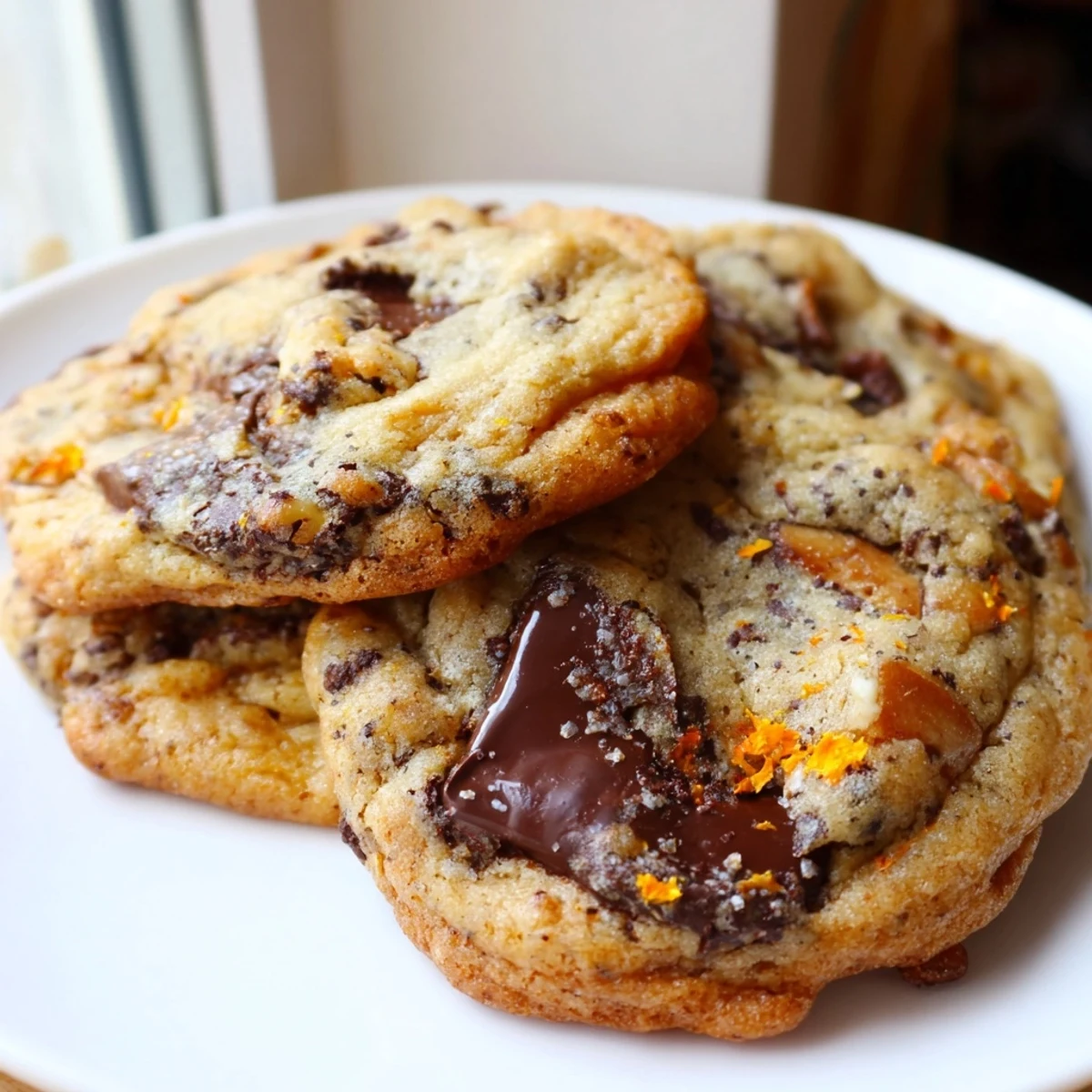 Rustic plate of orange almond chocolate chunk cookies dusted with zest and served warm
