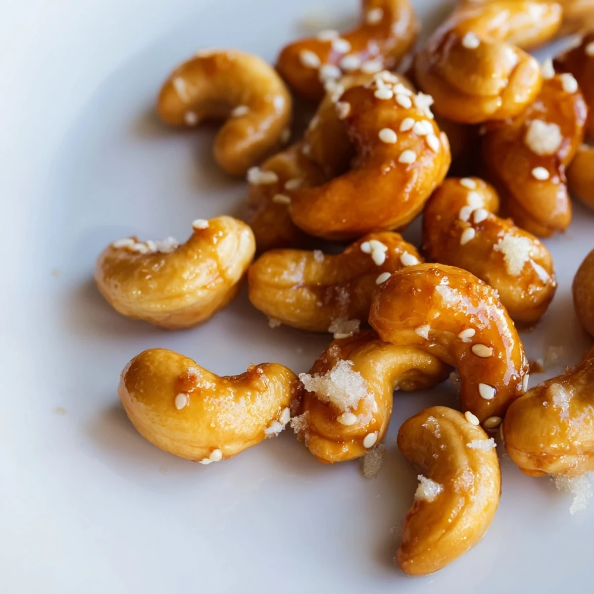 Golden honey sesame cashews glistening with a sweet sticky glaze on parchment paper