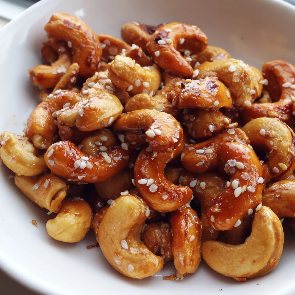 Crunchy honey sesame cashews scattered with toasted seeds in a rustic bowl