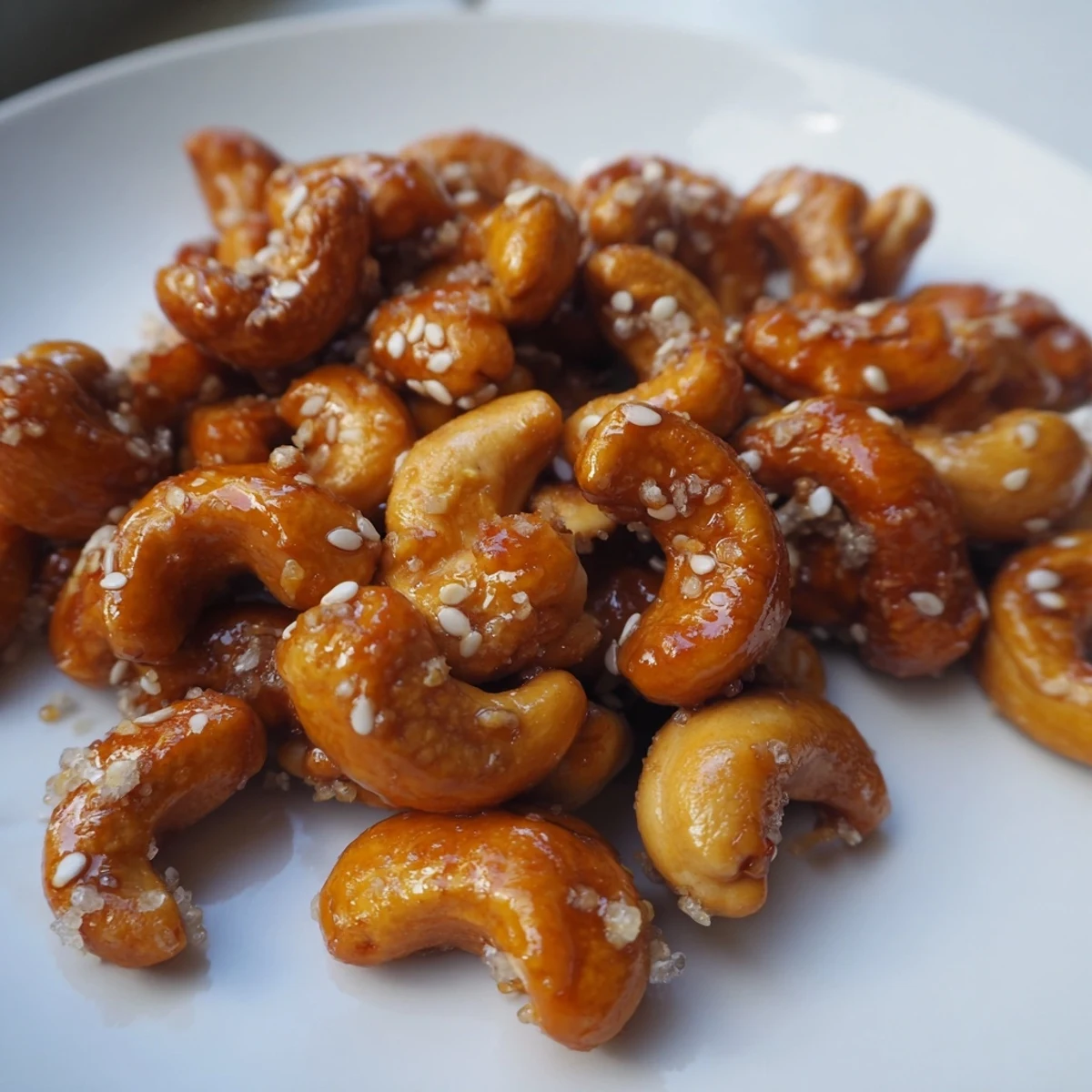 Warm honey sesame cashews freshly roasted and clustered on a baking sheet