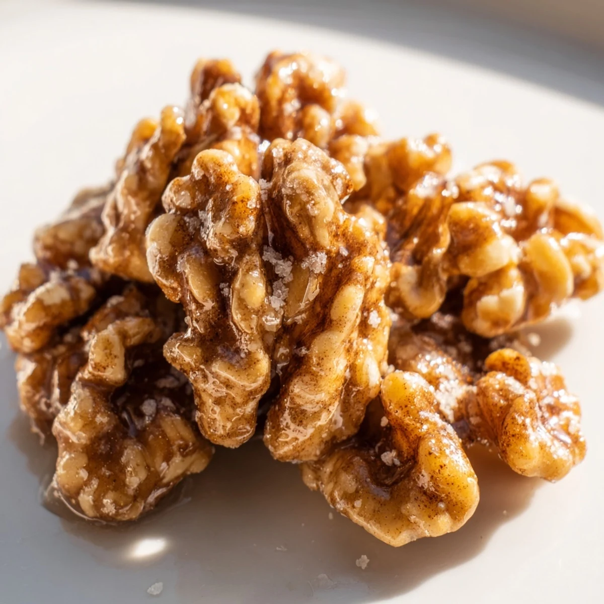 Golden maple cinnamon walnuts glistening with a warm, sticky caramelized coating on parchment paper