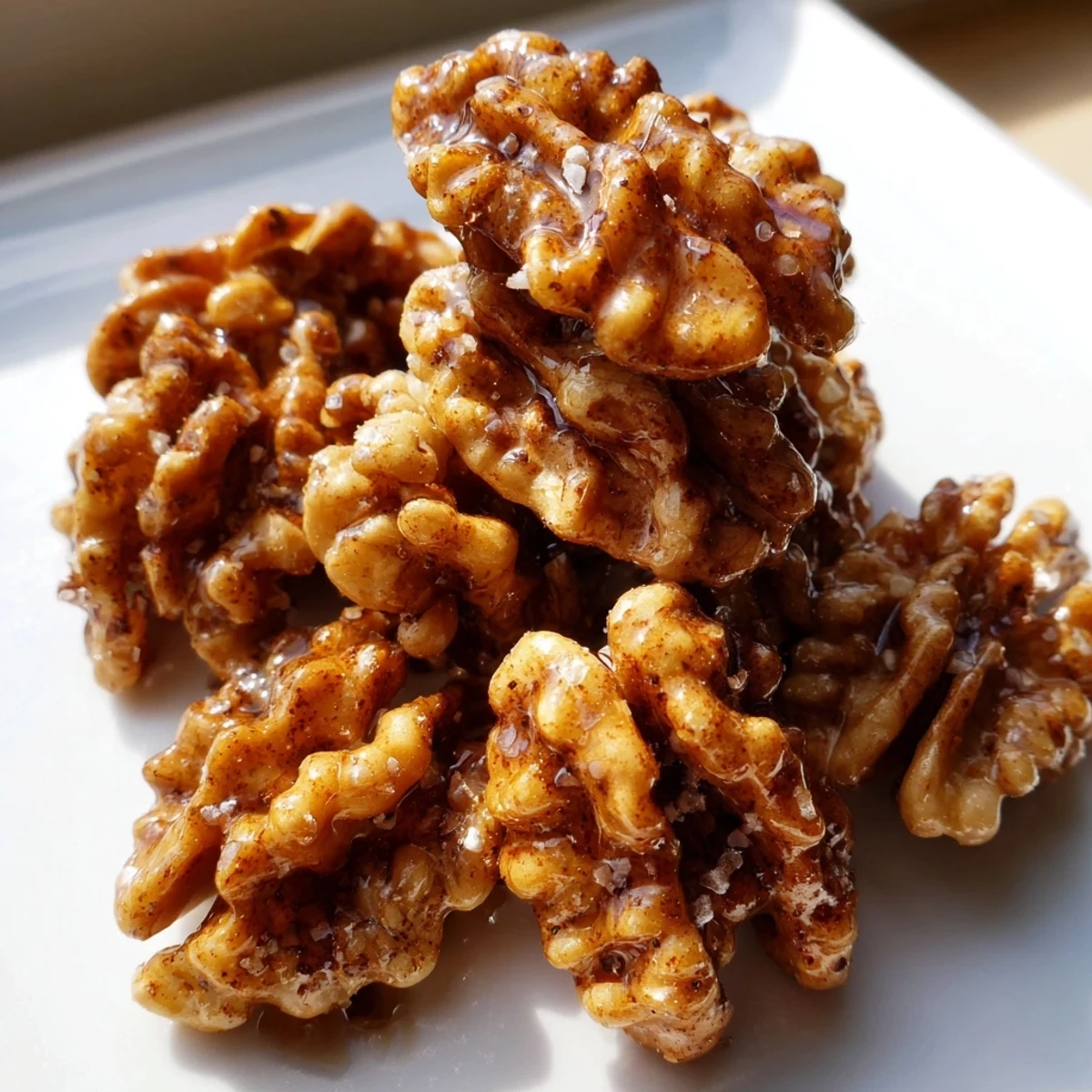 Crunchy maple cinnamon walnuts piled in a rustic bowl for holiday snacking