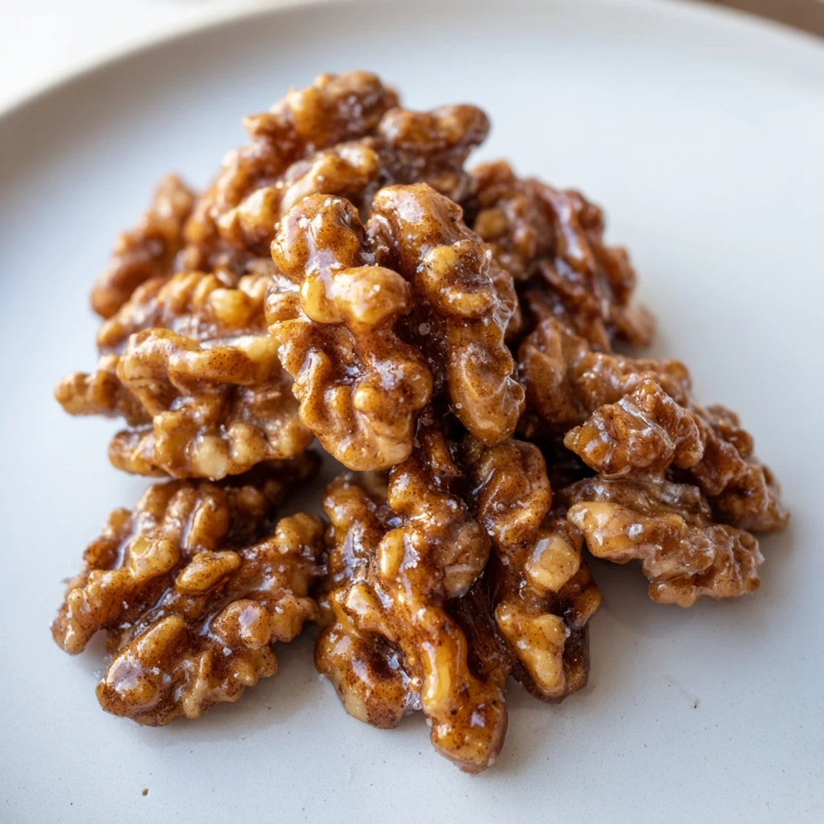 Toasted maple cinnamon walnuts scattered over a fresh leafy green salad with vinaigrette