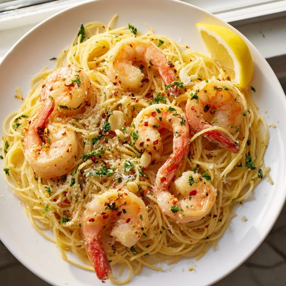 Garlic Butter Shrimp Angel Hair Pasta topped with fresh parsley and lemon wedges on a white plate