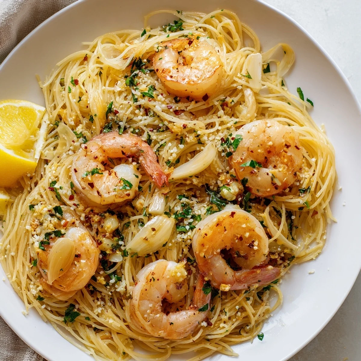 Sizzling Garlic Butter Shrimp Angel Hair Pasta tossed with pink shrimp in a glossy garlic butter sauce