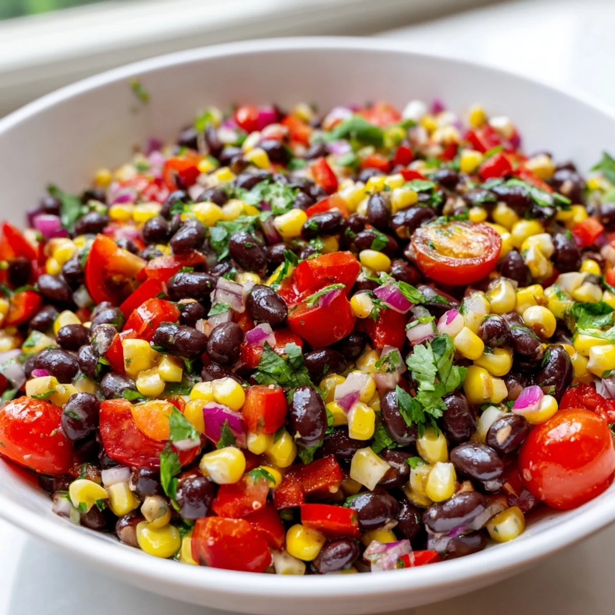 Colorful Cowboy Caviar in a rustic bowl with tortilla chips ready for dipping