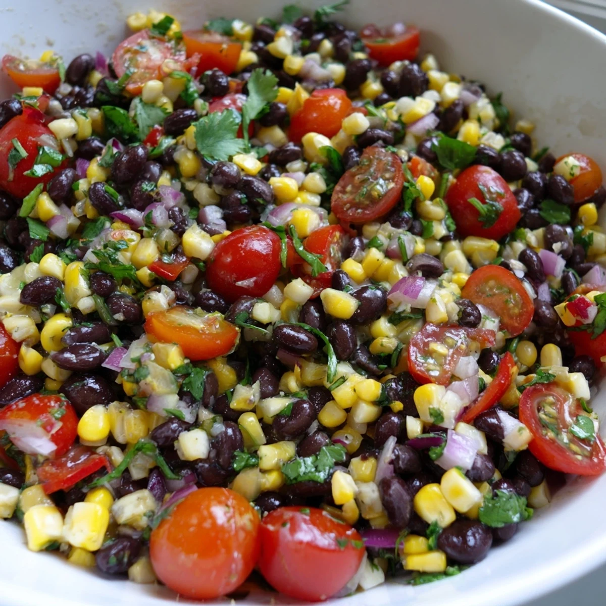 Fresh Cowboy Caviar topped with cilantro served chilled in a glass dish