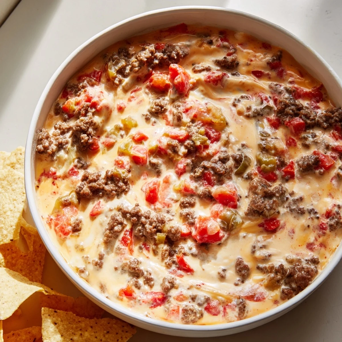 Creamy Crockpot Rotel Dip Recipe bubbling in a slow cooker with golden melted cheese