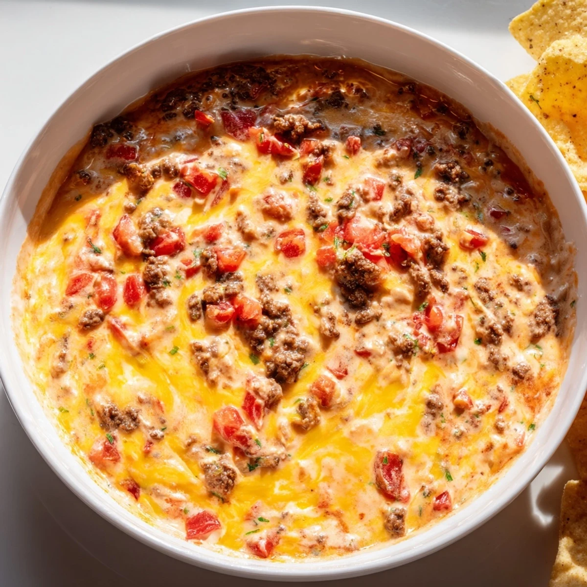 Warm bowl of Creamy Crockpot Rotel Dip Recipe surrounded by crispy tortilla chips