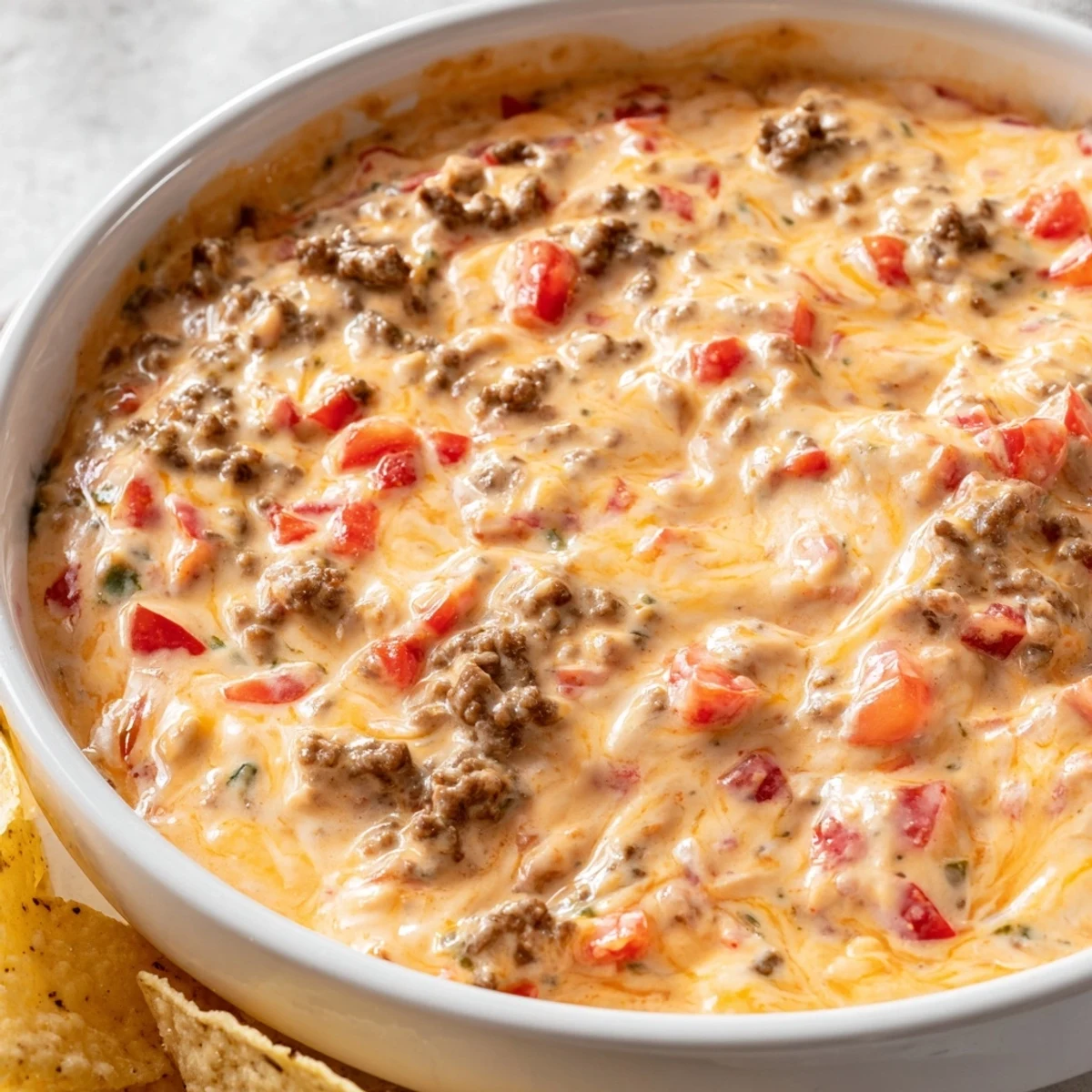 Thick spoonful of Creamy Crockpot Rotel Dip Recipe drizzling over a crunchy tortilla chip