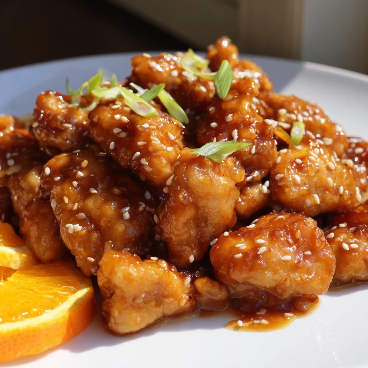 Crispy baked orange chicken glazed in a glossy, caramelized sweet and tangy sauce
