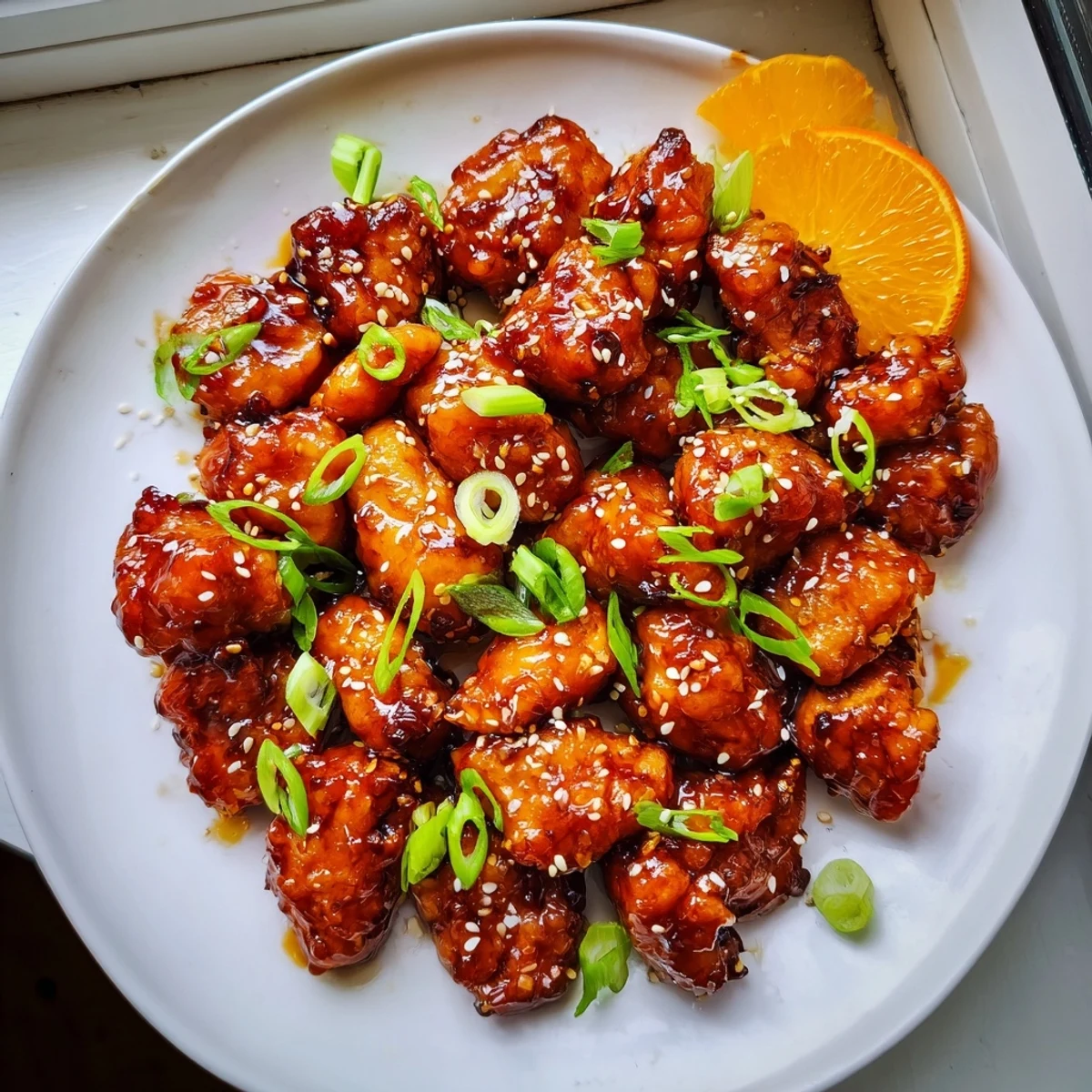 Golden baked orange chicken pieces coated in sticky sauce with sesame seeds scattered on top