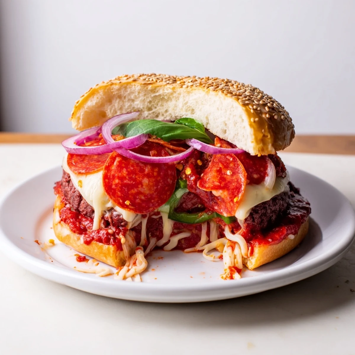 Golden pizza burgers with melted mozzarella and pepperoni on toasted buns
