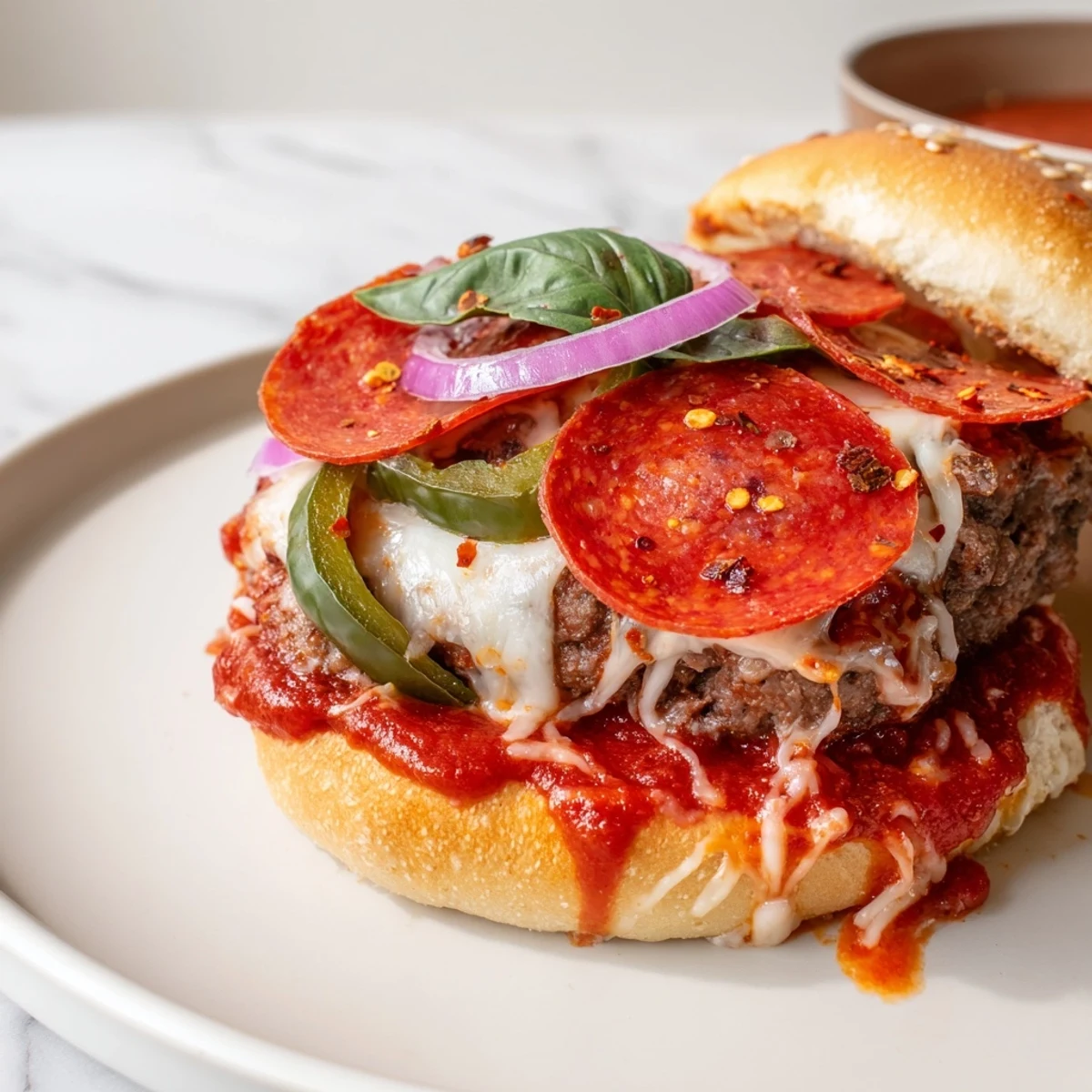 Savory pizza burgers dripping with rich pizza sauce and fresh basil