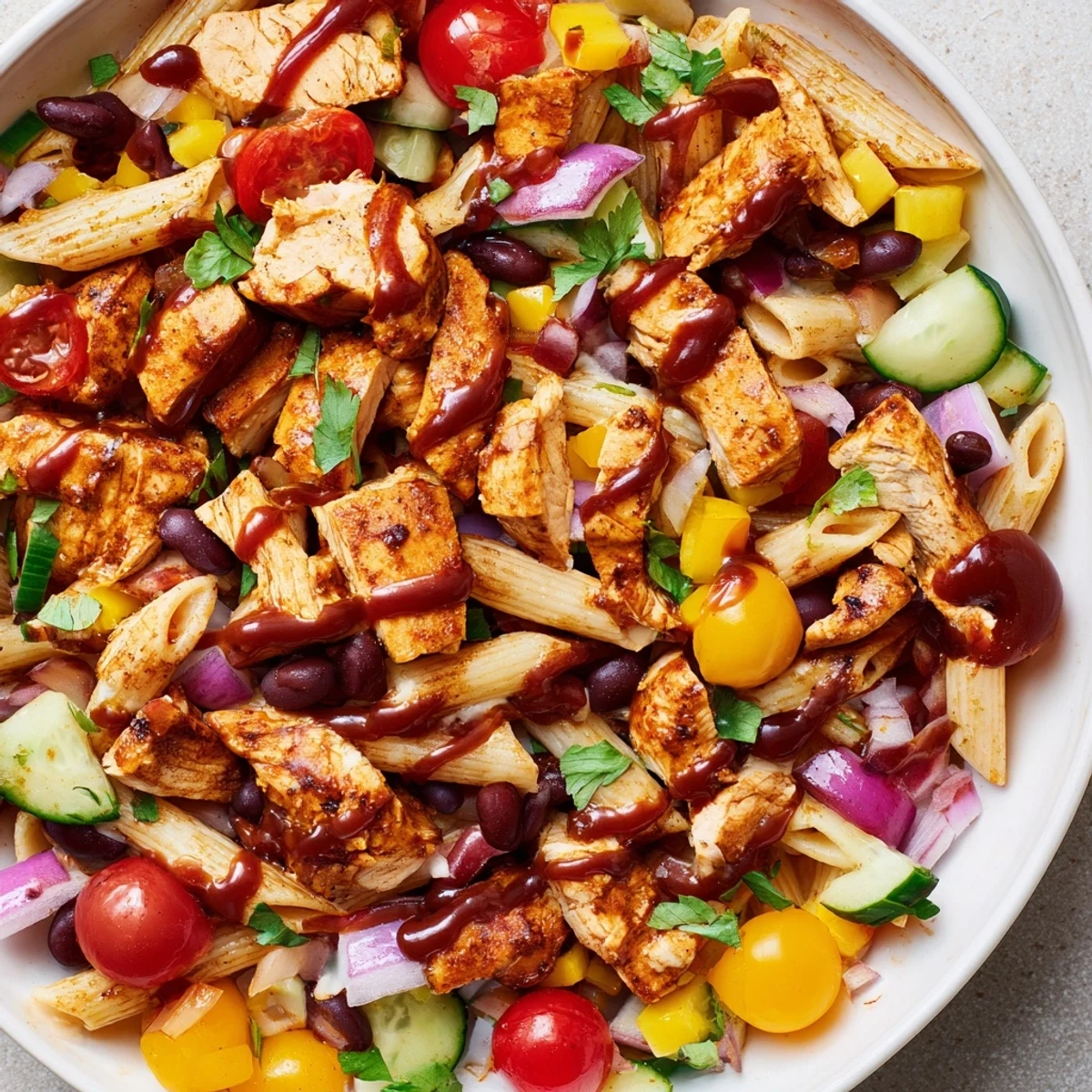 Creamy tangy BBQ Chicken Pasta Salad served cold with colorful bell peppers and smoky chicken chunks