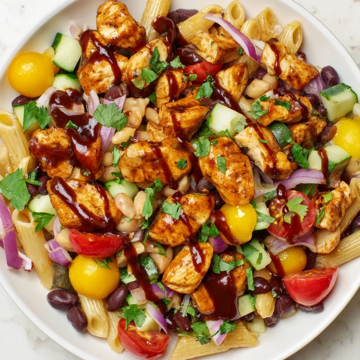 A vibrant BBQ Chicken Pasta Salad in a large bowl dotted with cherry tomatoes and fresh cilantro