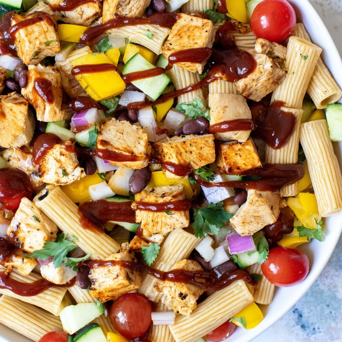 Hearty BBQ Chicken Pasta Salad piled high with diced cucumber black beans and a zesty drizzle