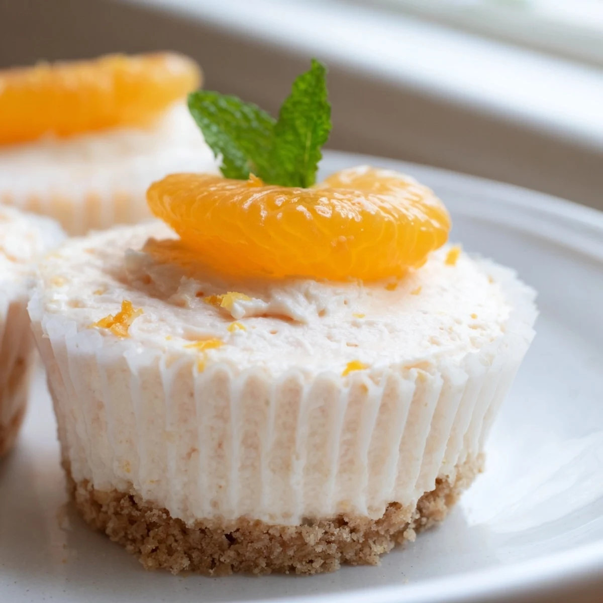 Creamy mini no bake orange cheesecakes topped with fresh orange segments and mint