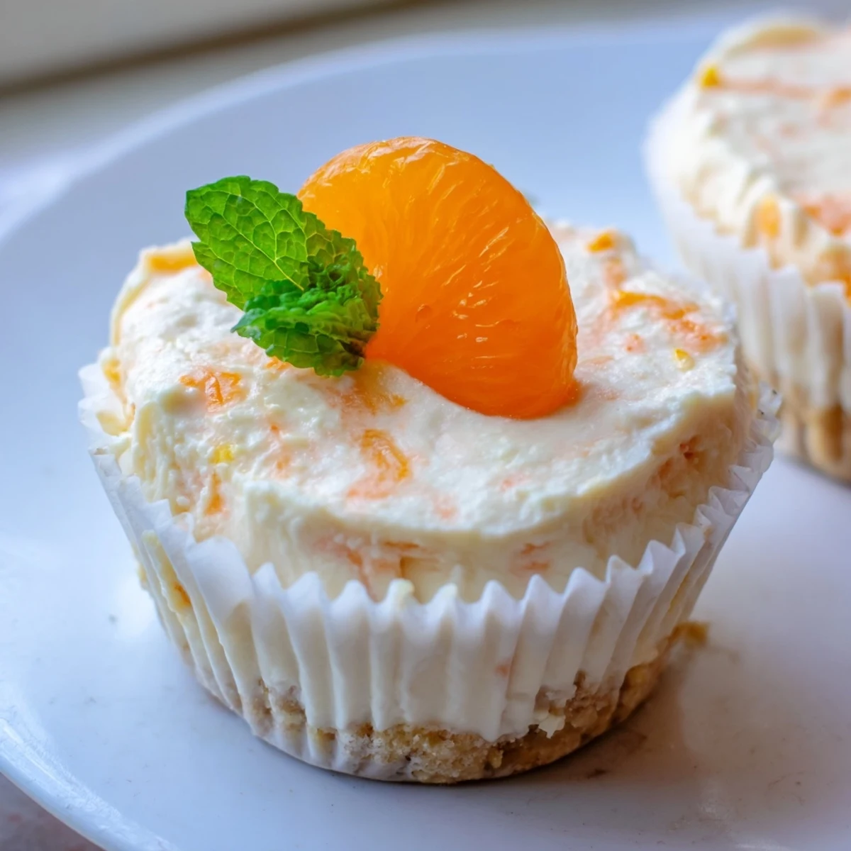 Golden graham cracker crust cups filled with zesty mini no bake orange cheesecakes