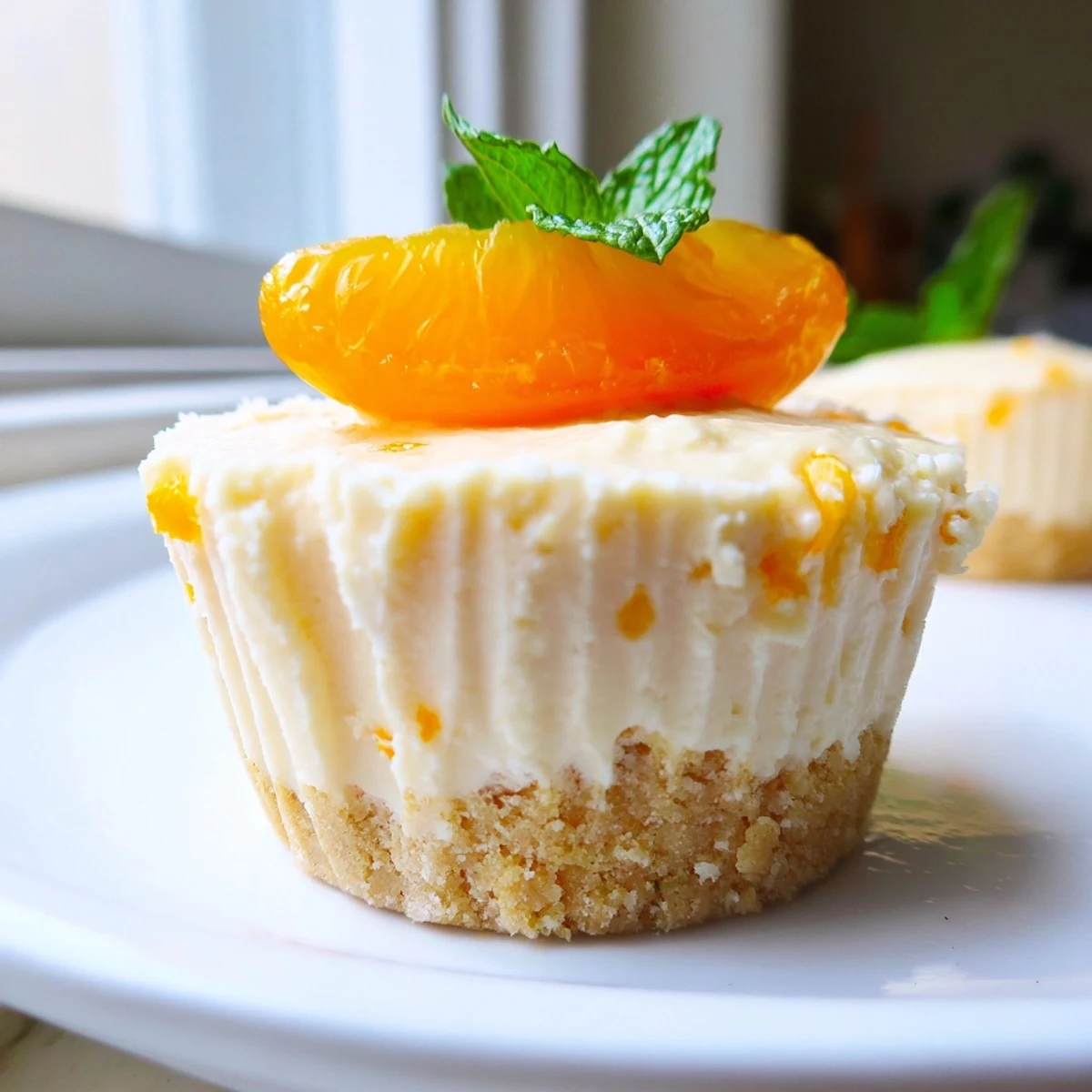 Chilled mini no bake orange cheesecakes with vibrant citrus zest on a dessert plate