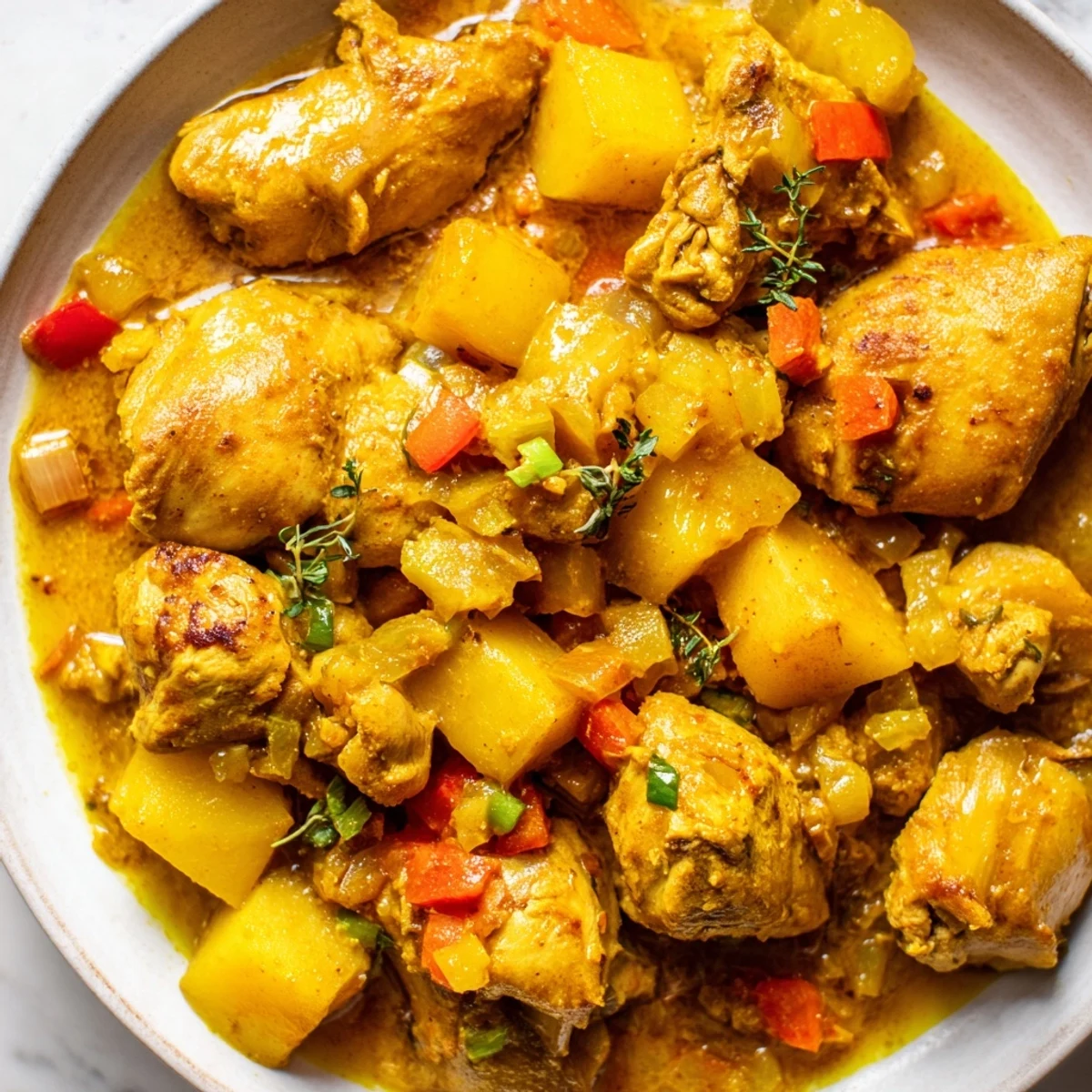 Golden Jamaican curry chicken simmering in a rich, aromatic sauce with tender potatoes and fresh herbs.
