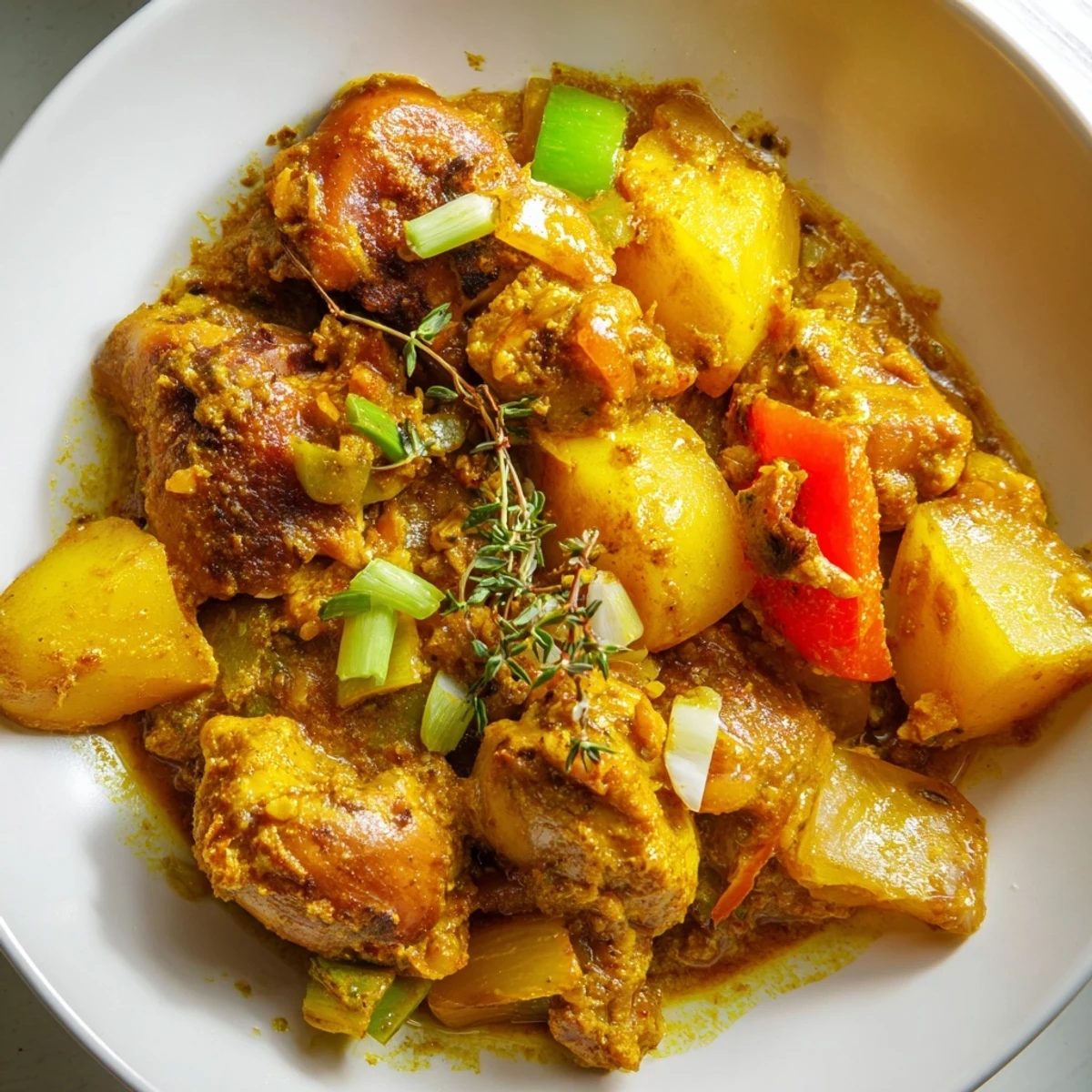 Authentic Jamaican curry chicken served hot over steamed white rice with vibrant orange-hued gravy.