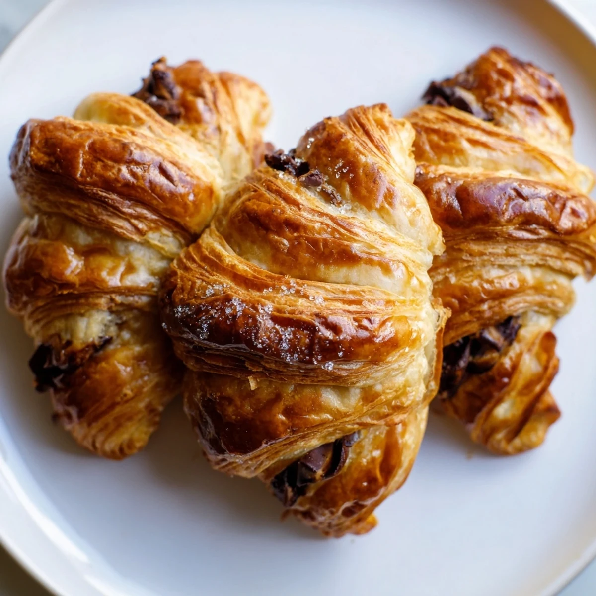 Golden chocolate croissant cookies fresh from the oven with crisp, flaky layers and melted chocolate centers
