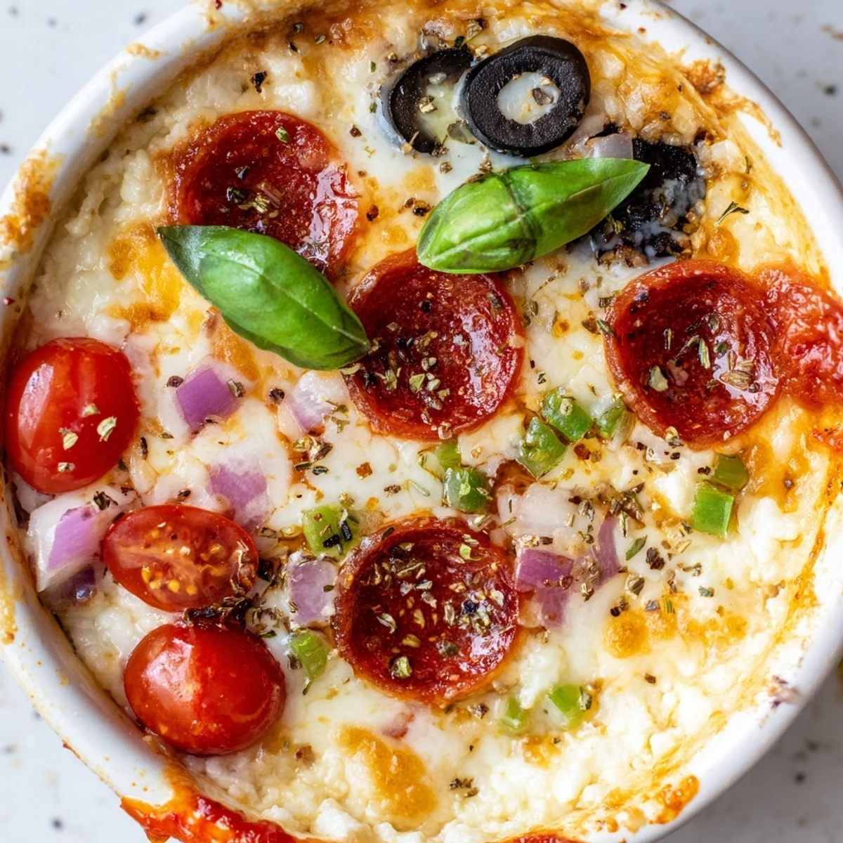 Golden baked Cottage Cheese Pizza Bowl topped with peppers, olives, and pepperoni
