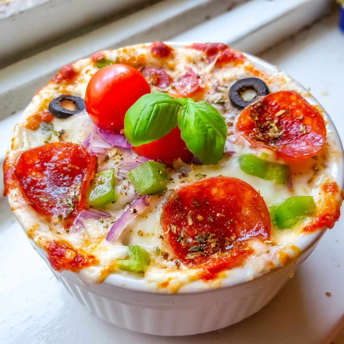 Cottage Cheese Pizza Bowl with bubbling melted mozzarella and fresh basil garnish