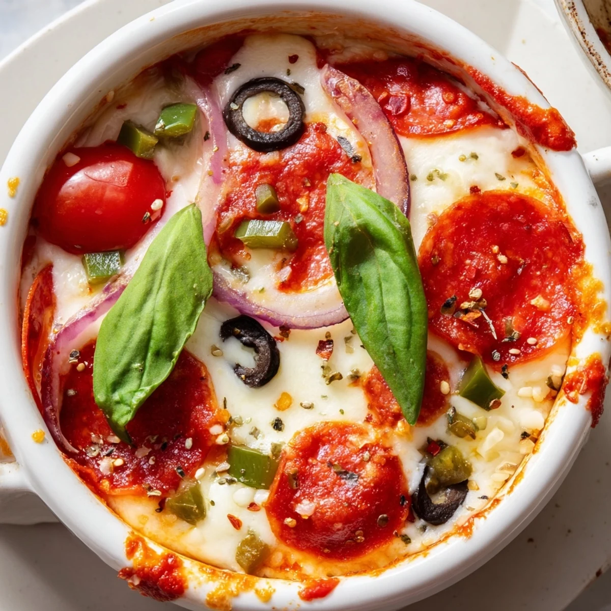 Creamy Cottage Cheese Pizza Bowl served hot with roasted tomatoes and melted cheese