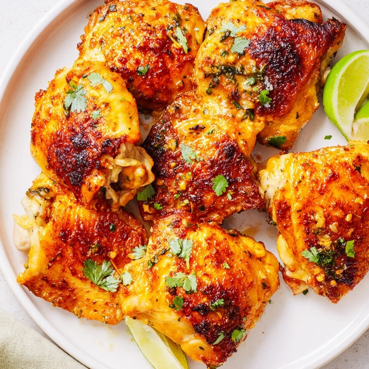 Juicy Cuban mojo chicken thighs glistening with bright orange lime glaze on platter