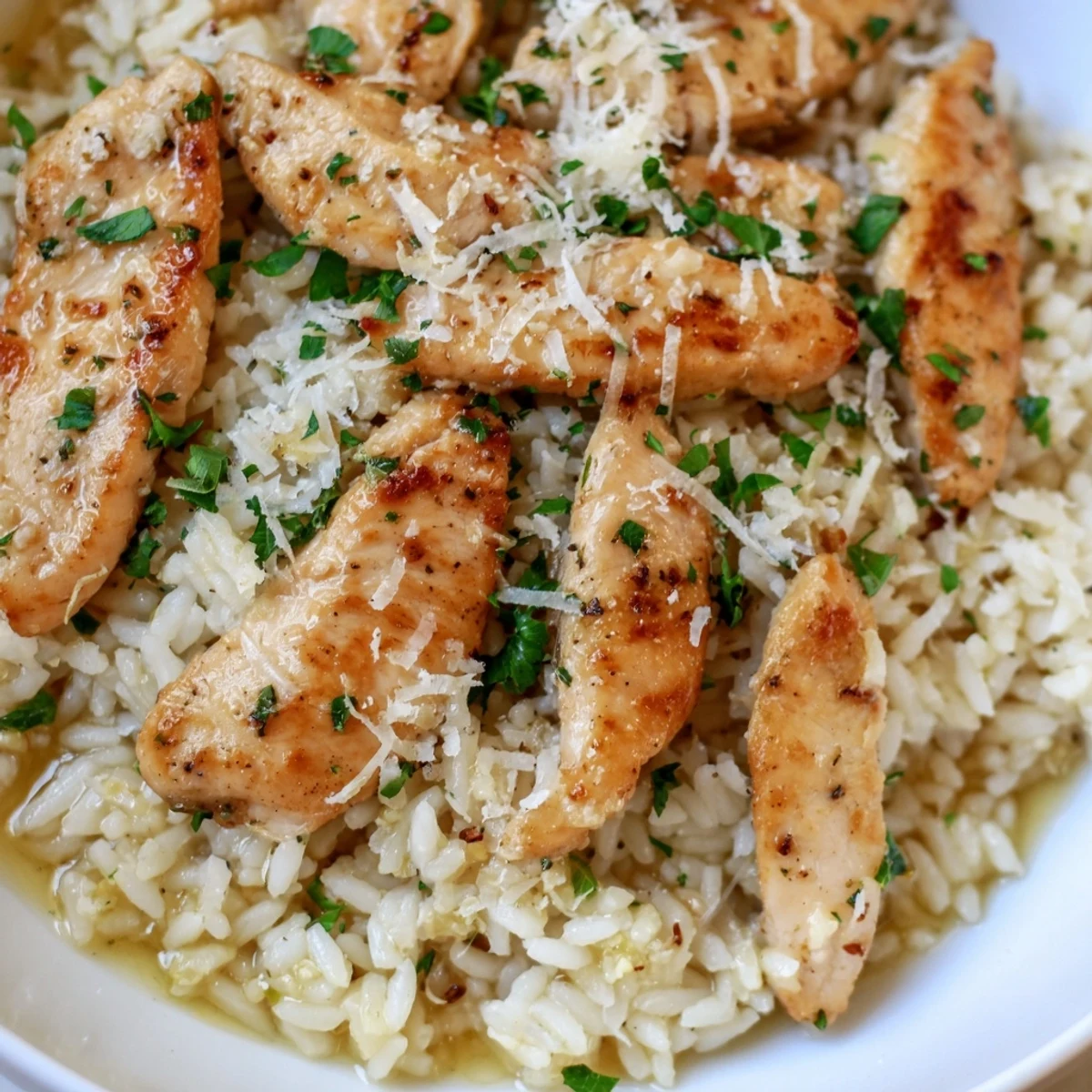 Golden seared chicken scampi served over creamy garlic parmesan rice with lemon butter sauce