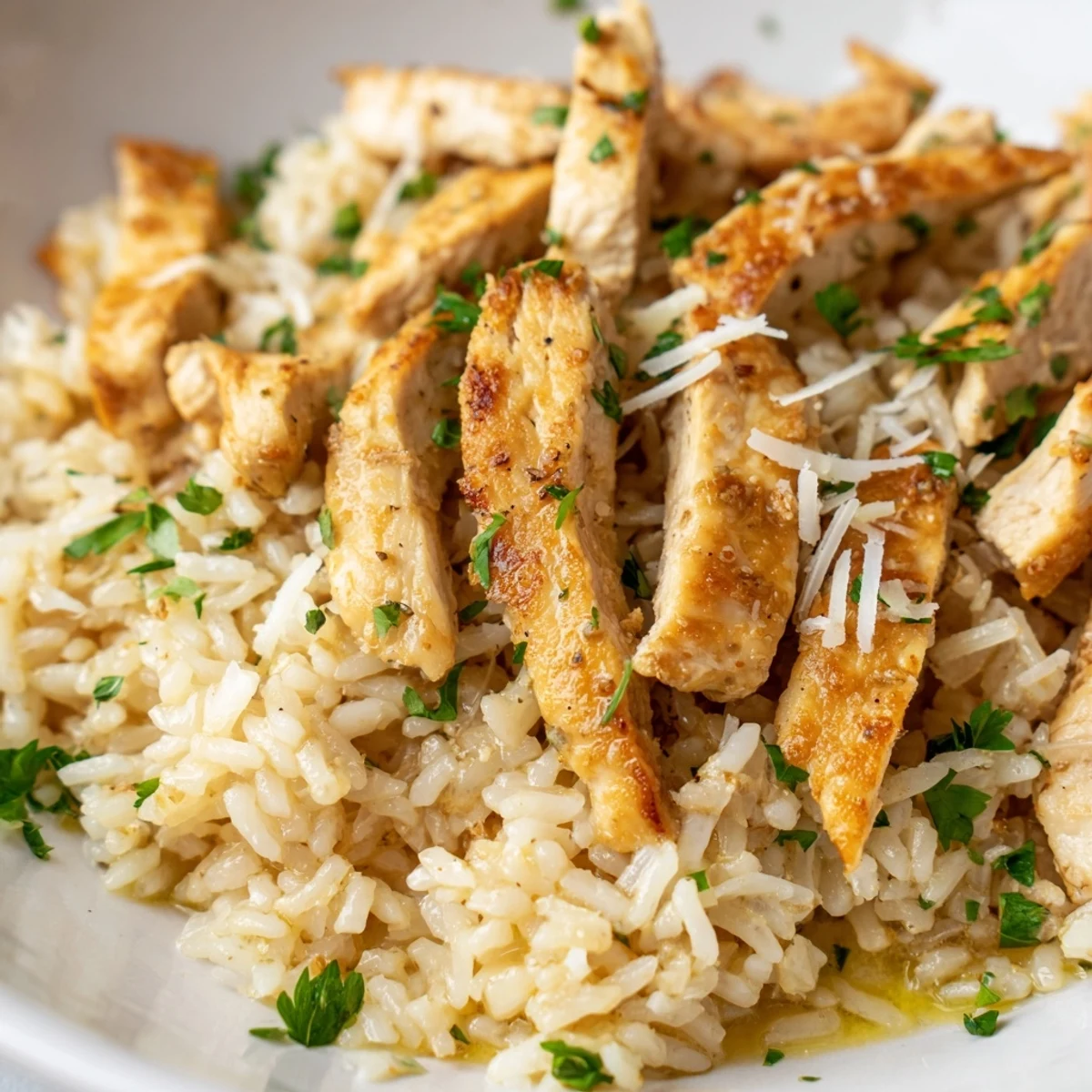 Juicy chicken scampi with garlic parmesan rice topped with fresh parsley and melted cheese