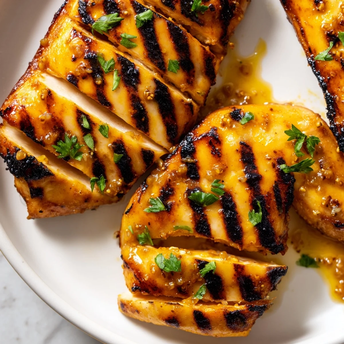 Golden grilled honey mustard chicken with caramelized edges on a summer plate