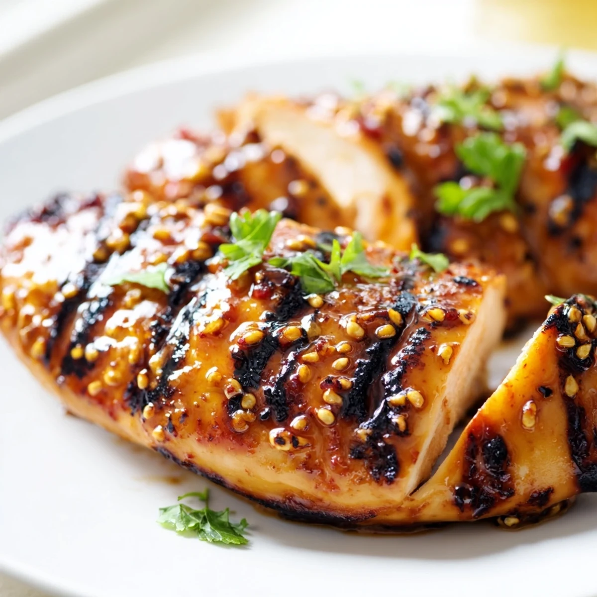 Juicy grilled honey mustard chicken sliced open revealing tender moist meat