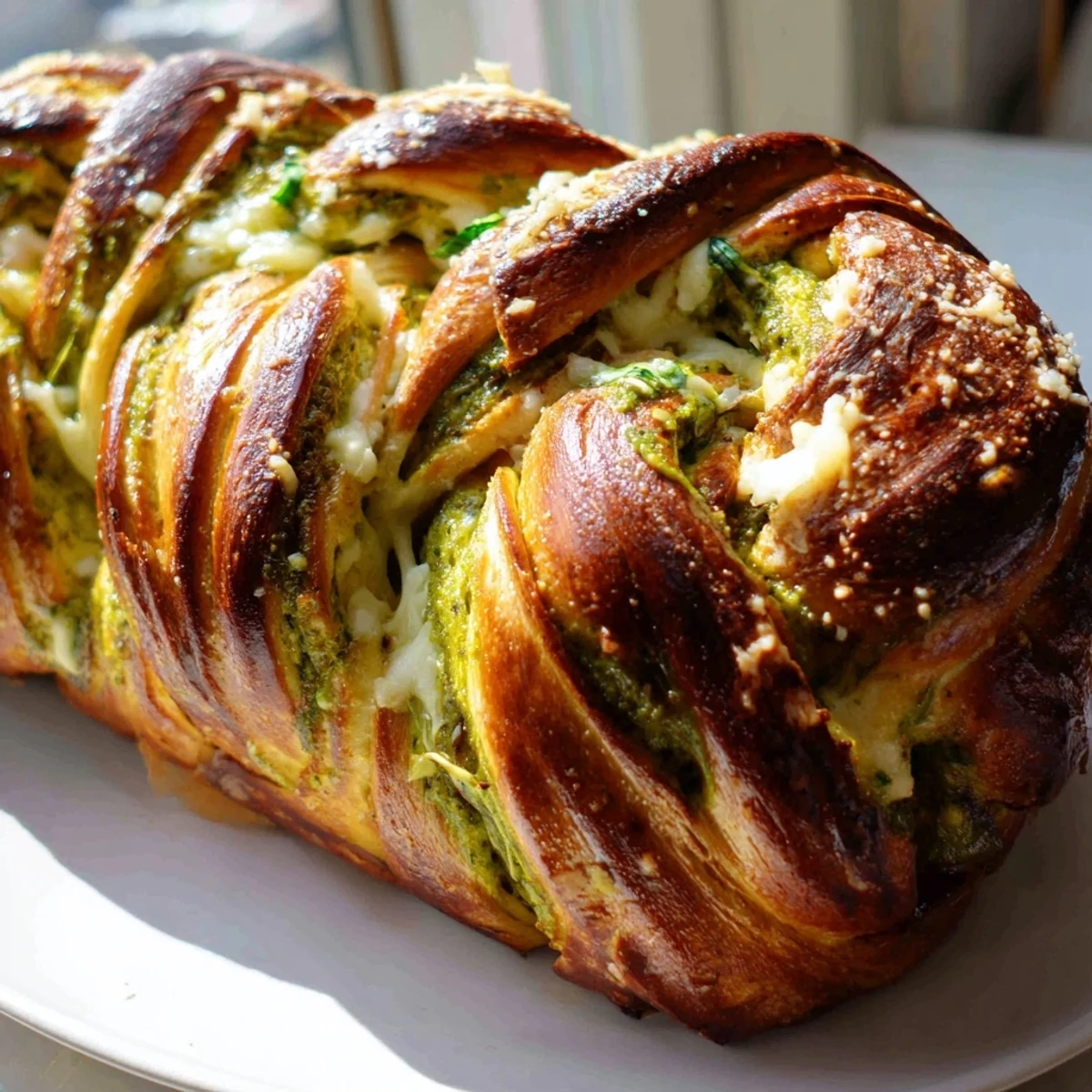 Golden braided pesto bread oozing with melted mozzarella on a rustic cutting board