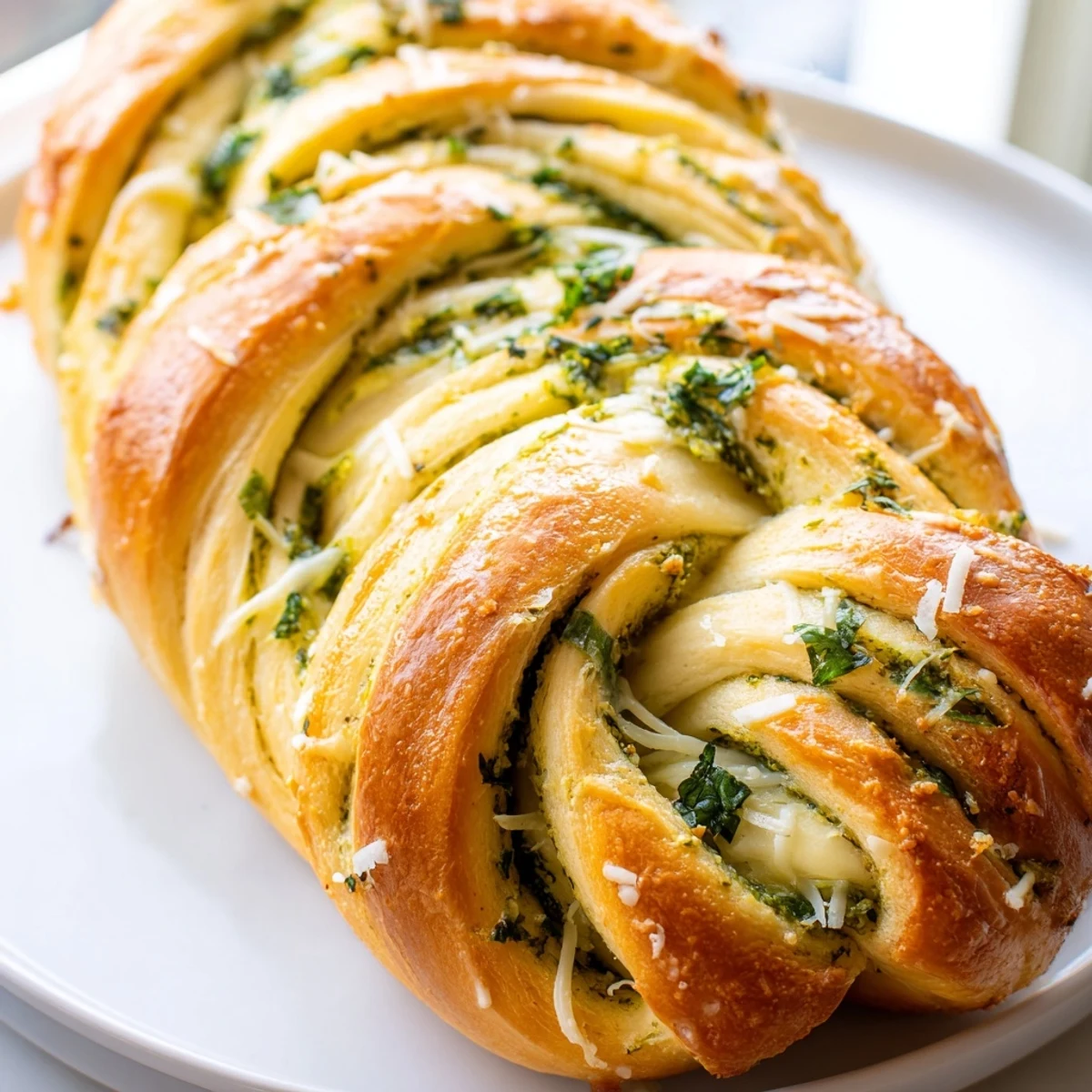 Warm cheesy braided pesto bread pulled apart revealing stretchy melted cheese inside