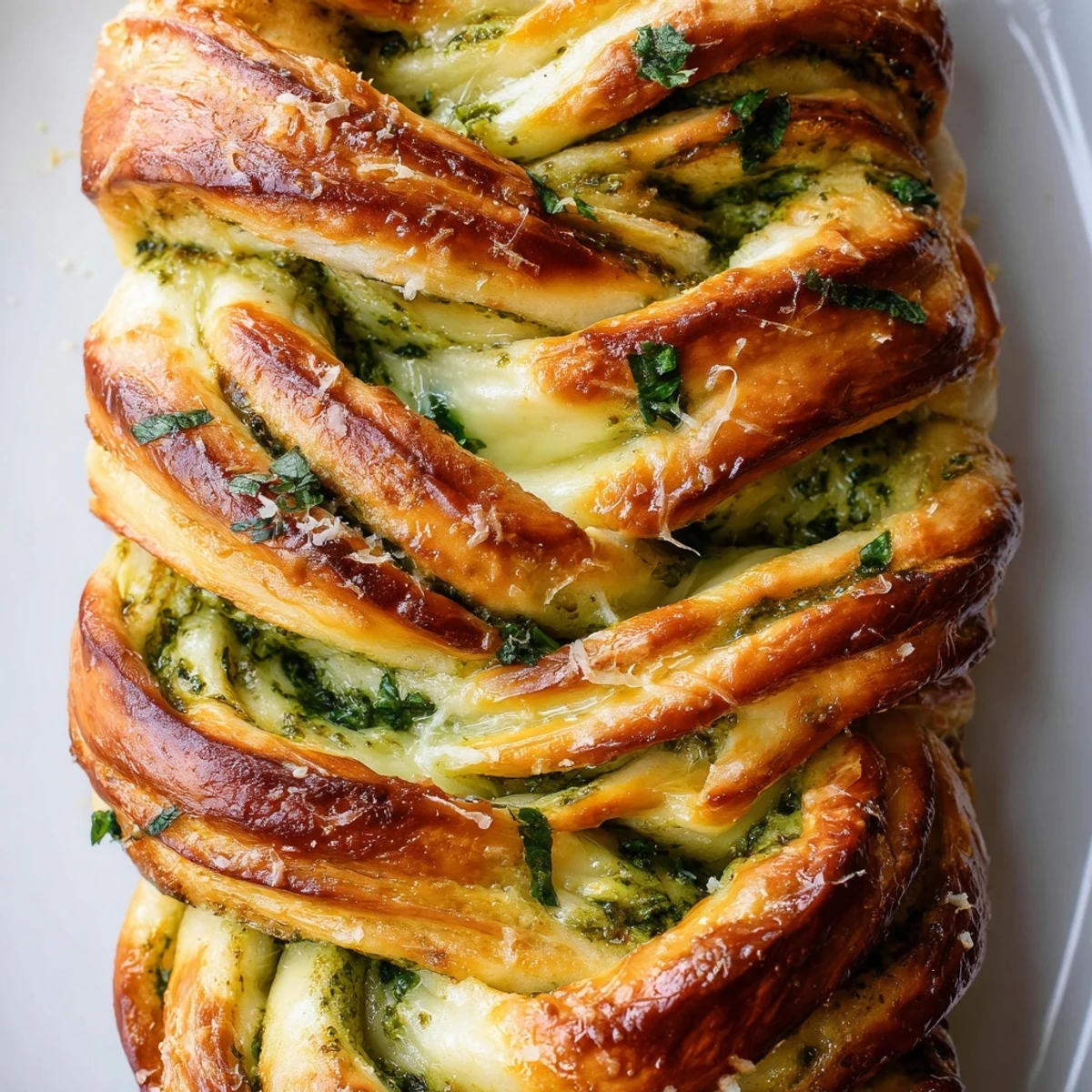 Freshly baked braided pesto bread topped with basil and bubbling parmesan cheese