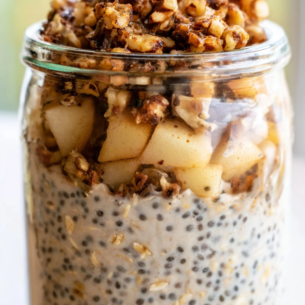 Creamy apple crumble overnight oats layered in a glass mason jar breakfast
