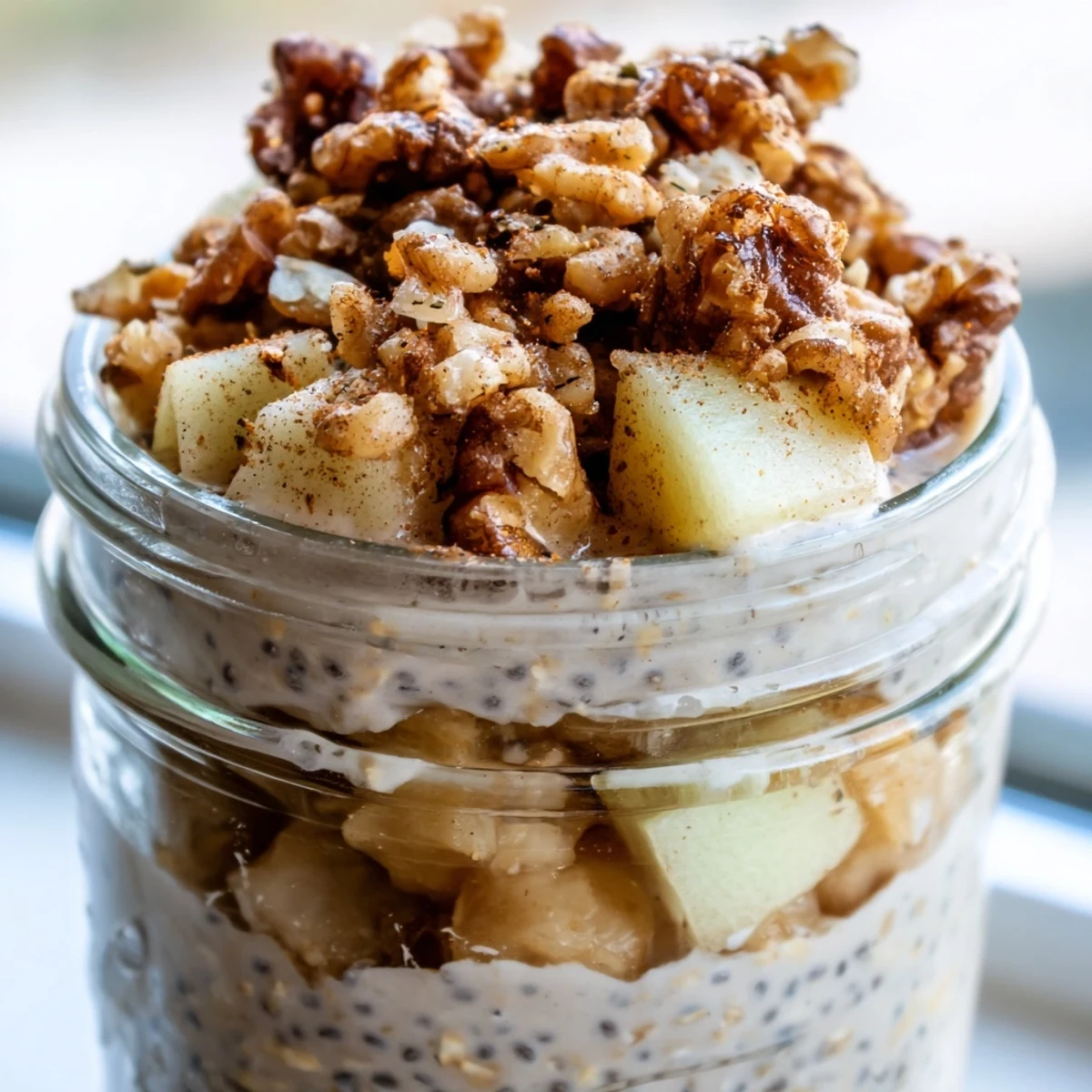 Warm cinnamon apple crumble overnight oats topped with crunchy walnut streusel topping