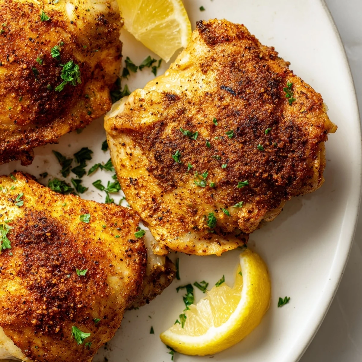 Crispy Old Bay chicken thighs roasted golden with fragrant spice on a baking sheet
