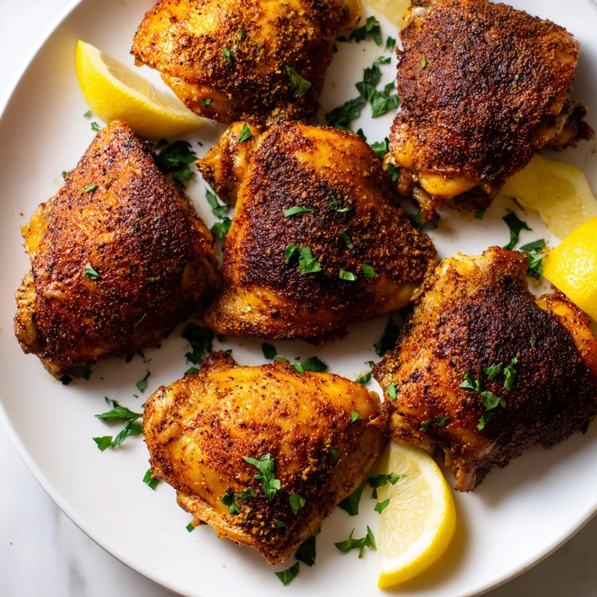 Juicy Old Bay chicken thighs garnished with fresh parsley and bright lemon wedges